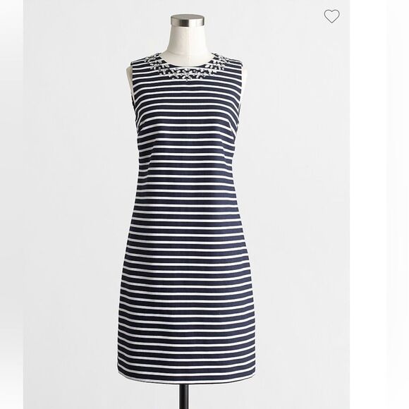J CREW Embellished Sleeveless Sheath Dress Navy & White Stripe Sz 0 - Picture 1 of 9